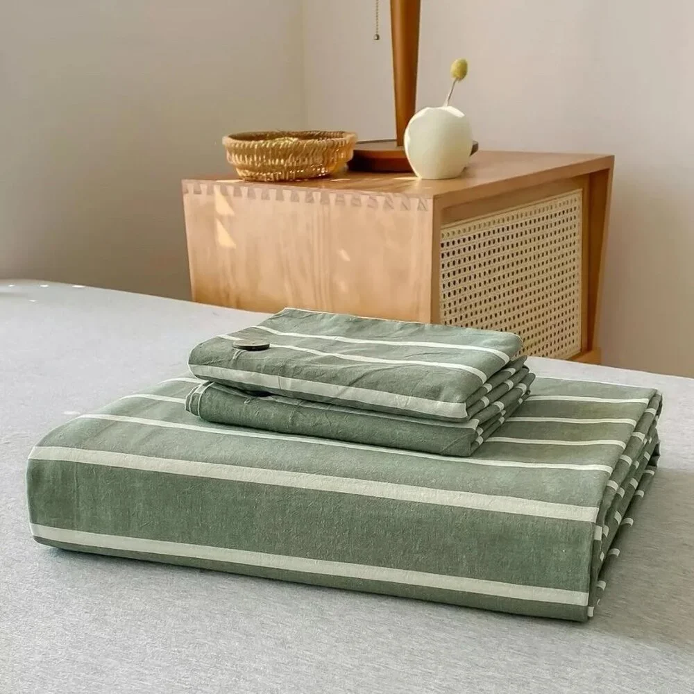 NEW West Elm Boho Green Stripe Queen / King Cotton Linen Bedding Duvet Sham Set
